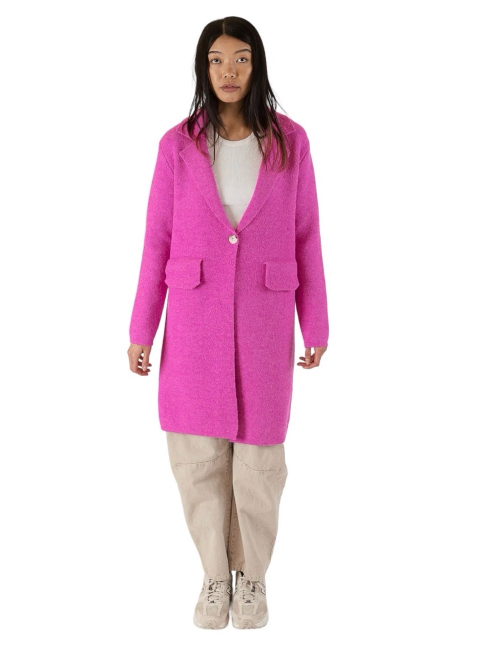 Notched-Collar Long Single-Button Pink Trench Coat